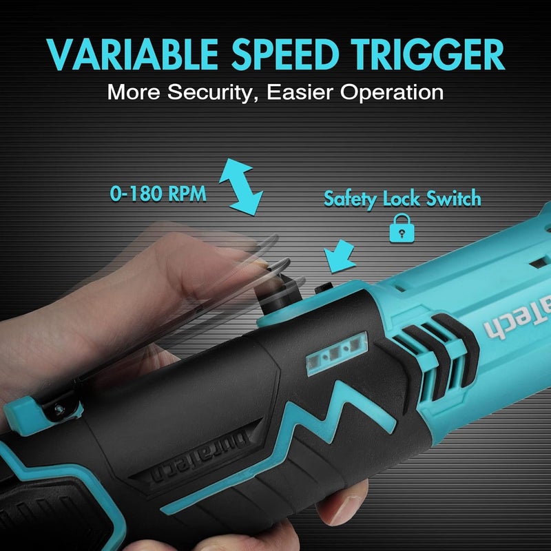 DURATECH Cordless Electric Ratchet Wrench Set, 48 Ft-lbs 3/8" 12V Power Ratchet Wrench with 2PCS 2.0Ah Li-Ion Battery, 1 Hour Fast Charger, 8PCS Sockets, Extension Bar, Adaptor, Variable Speed Trigger - Image 5
